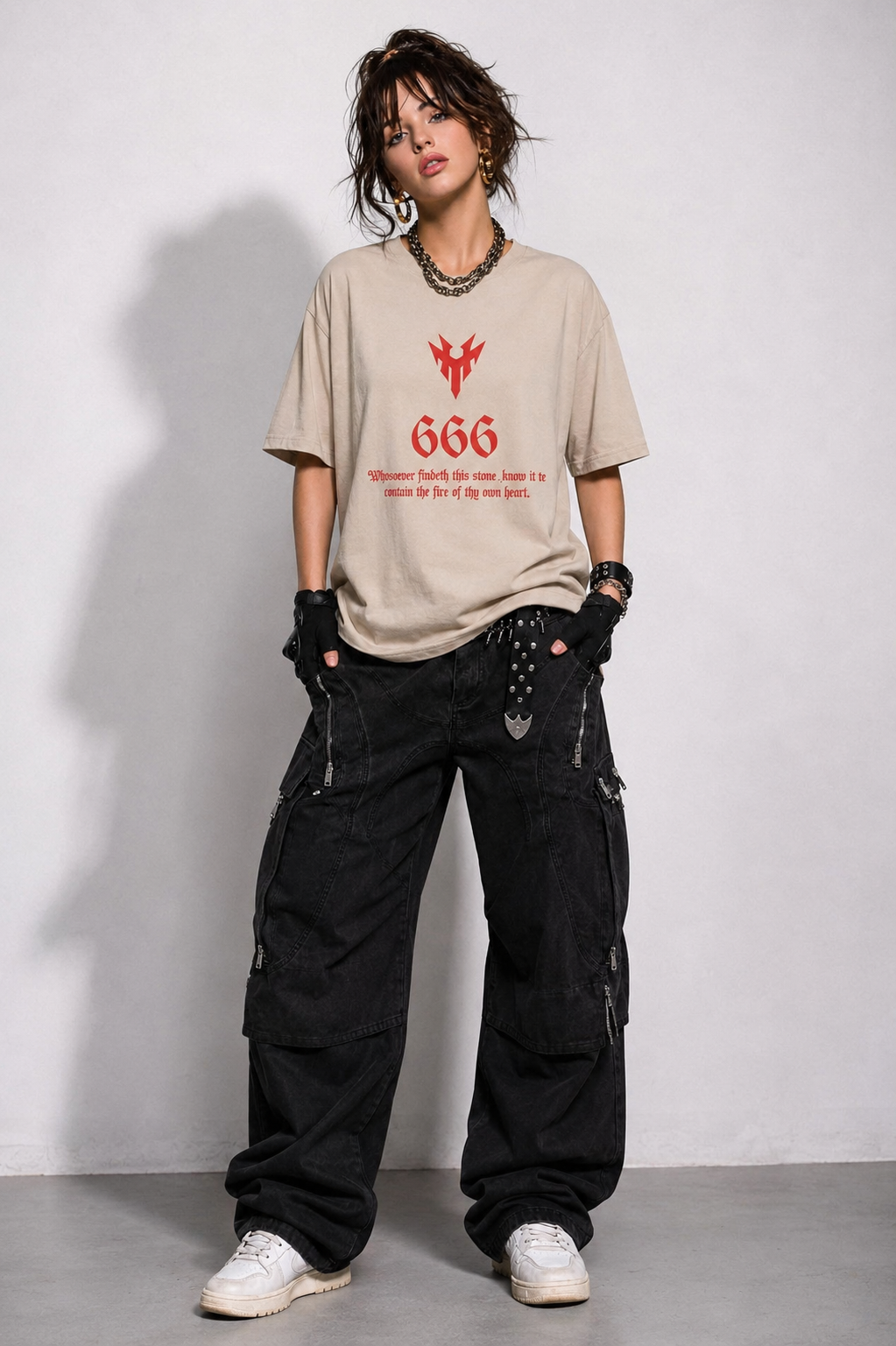 Trendzila 666 Gothic Graphic Oversized T-Shirt – Women's Beige Streetwear Tee