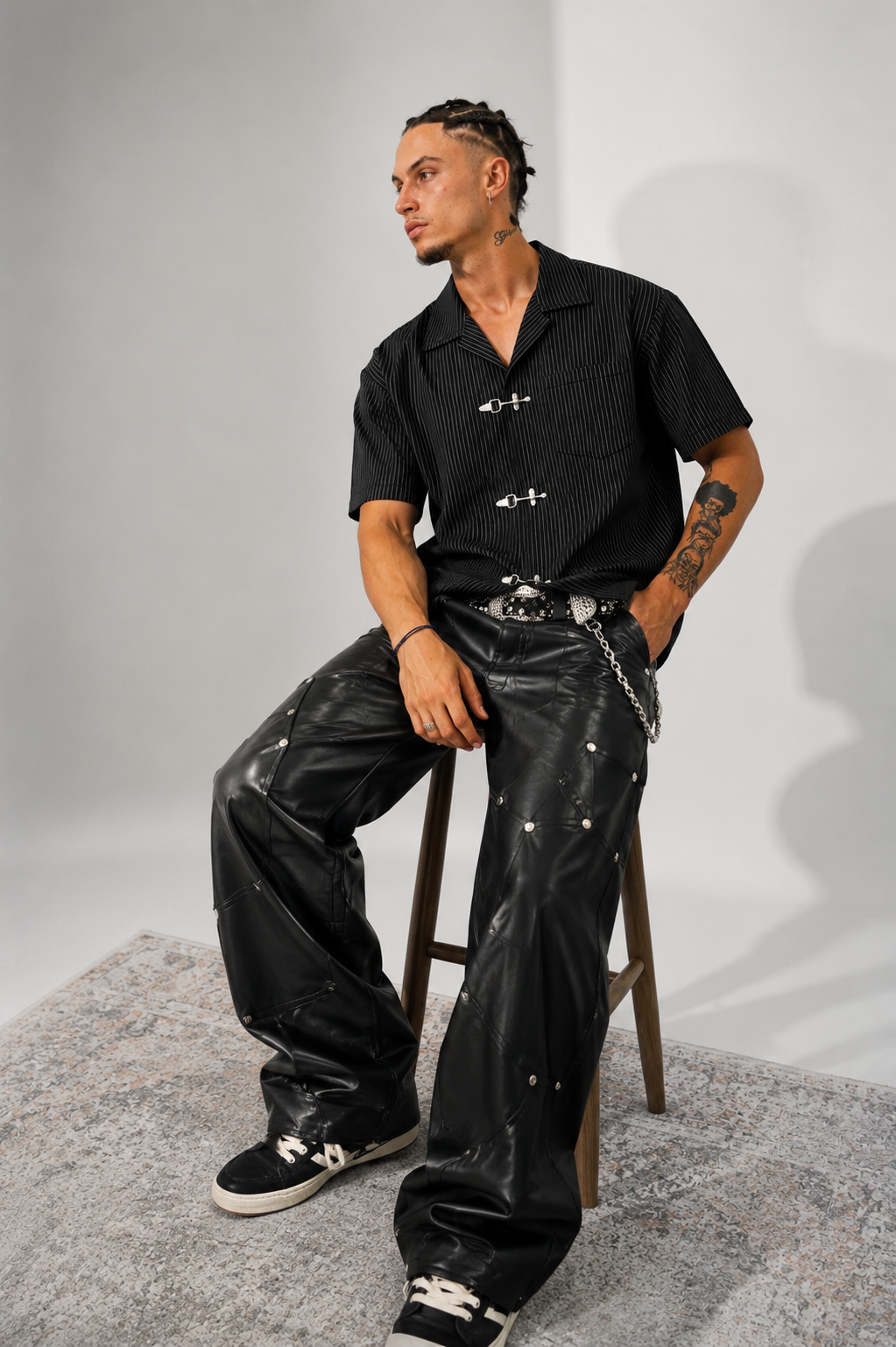 Noir Rivet Baggy Faux Leather Pants