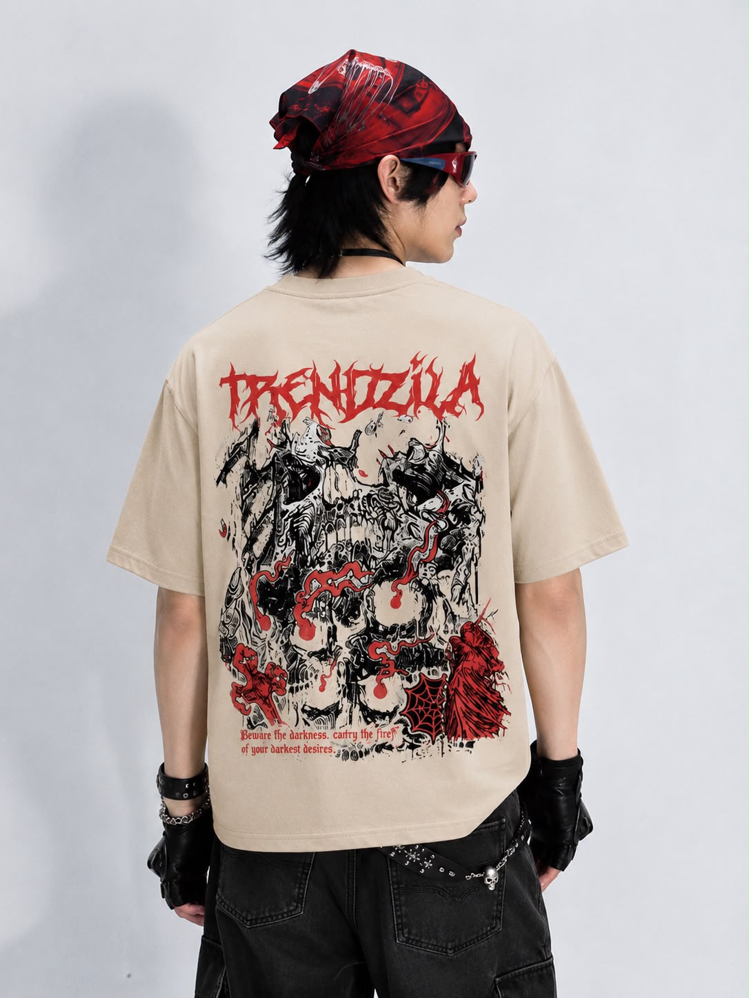 Beige Oversized Gothic Graphic T-Shirt | Trendzila