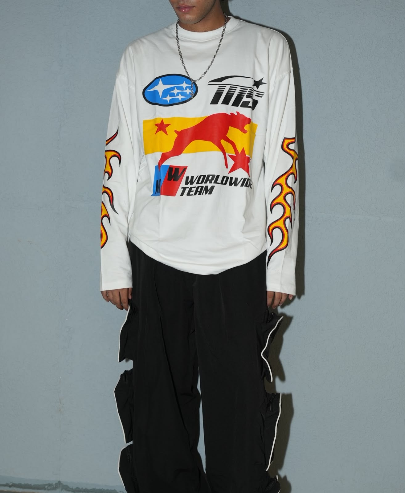 Trendzila Racing Flame Graphic Long Sleeve T-Shirt – White Oversized Tee