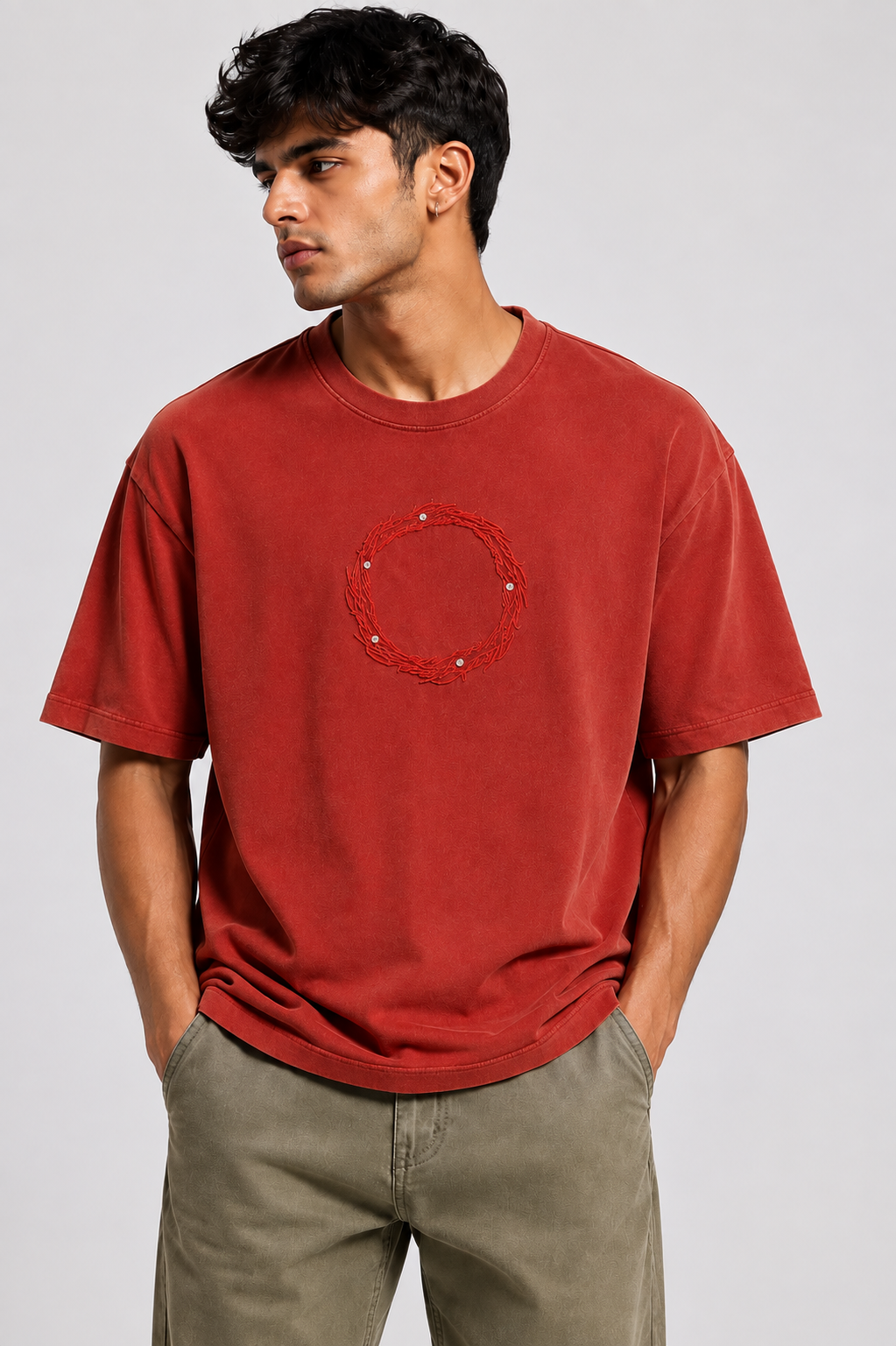 Rust Red Embroidered Oversized T-Shirt