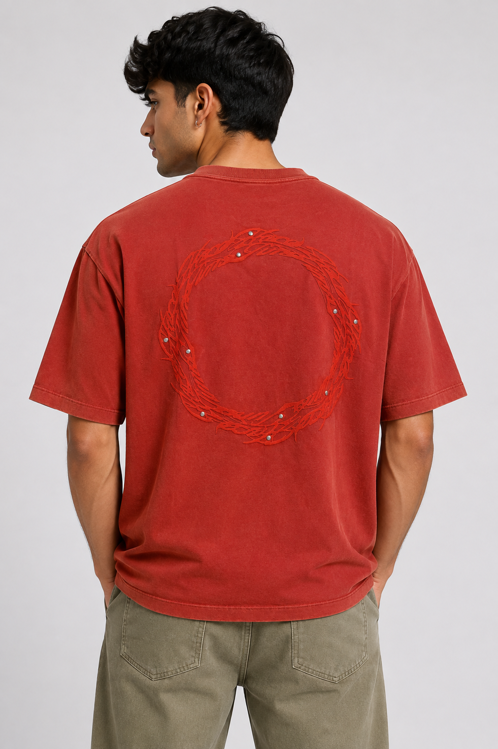 Rust Red Embroidered Oversized T-Shirt