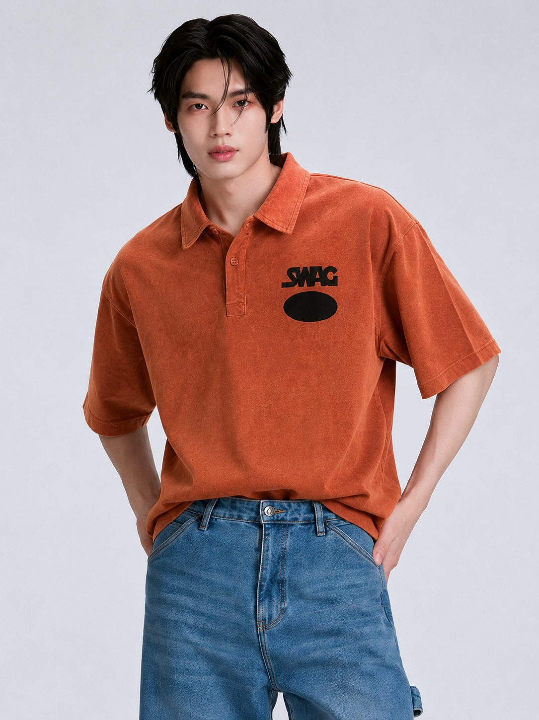 Rust Orange Washed Oversized Polo Tshirt