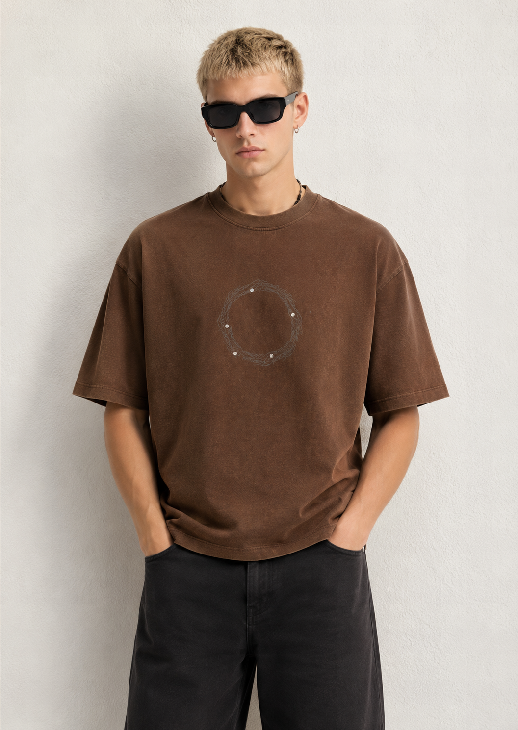 Thorn Circle Wreath T-Shirt – Brown Washed Cotton Tee
