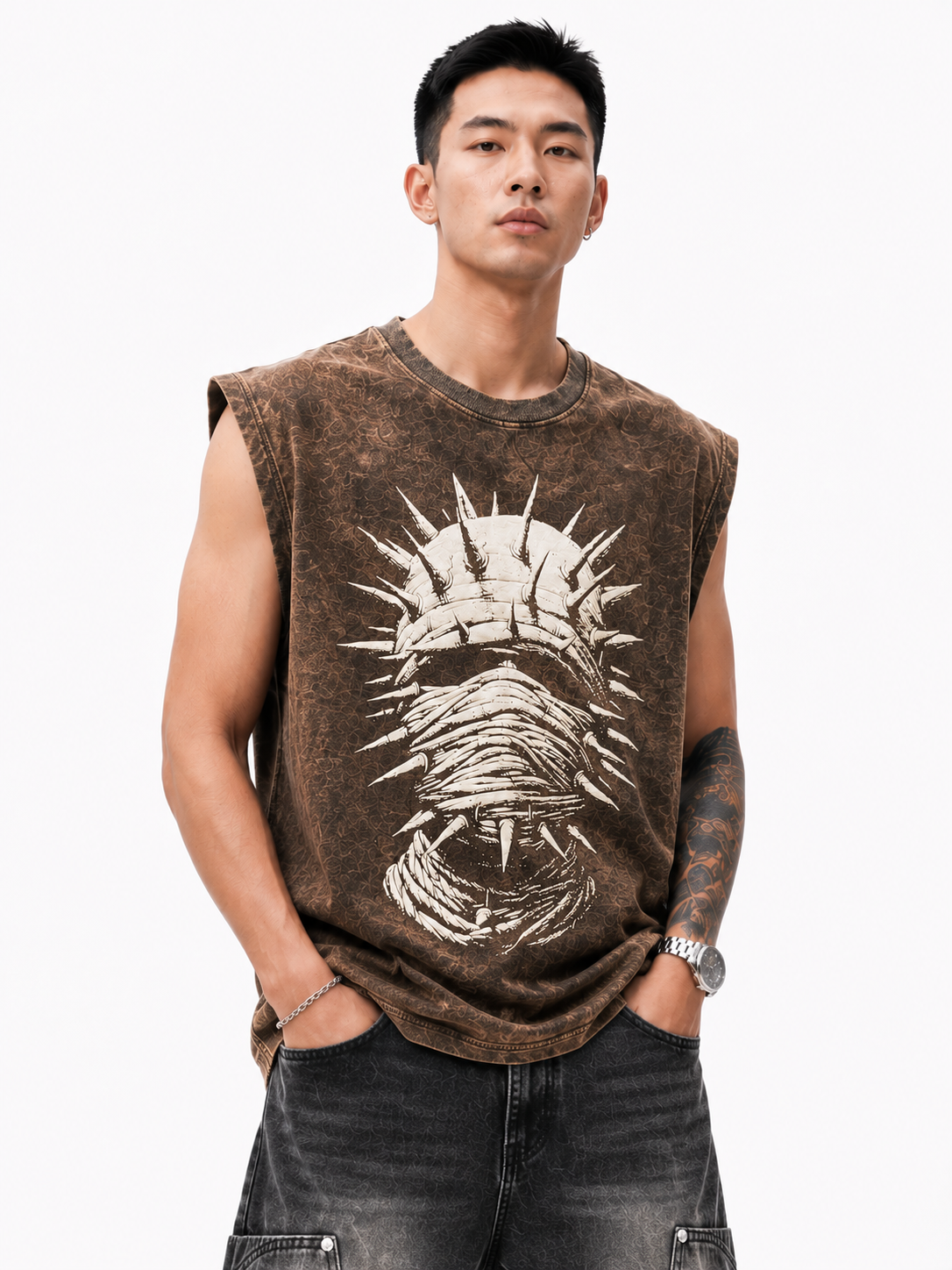 Rustic Spike Graphic Acid Wash tank top