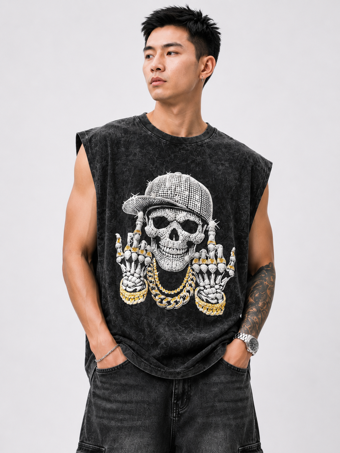 Acid Wash Skull Tank Top