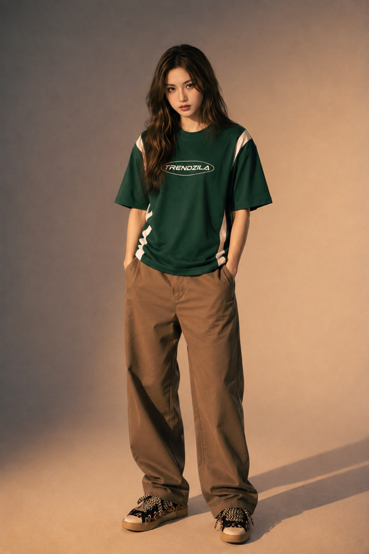 Trendzila Oversized Colorblock T-Shirt – Women's Green & White Racing Stripe Tee
