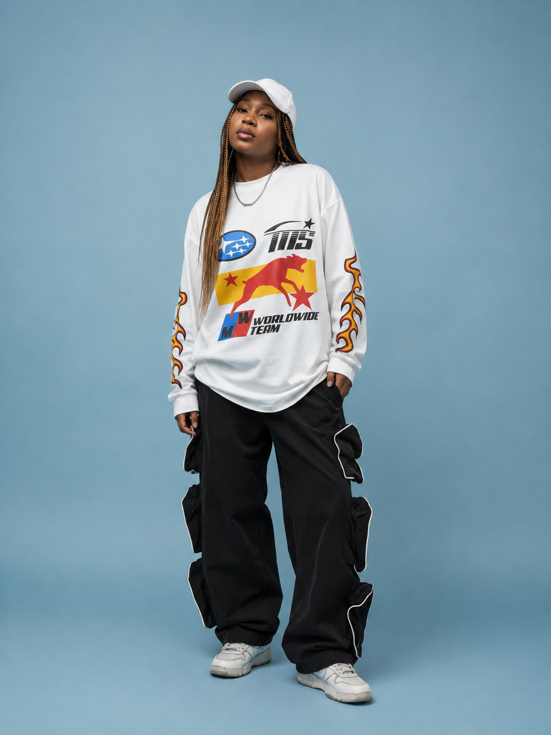 Women's White Long Sleeve T-Shirt with Flame Print | Trendzila