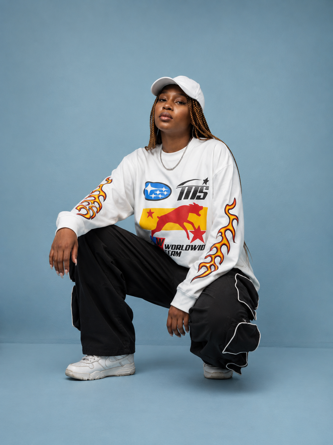Women's White Long Sleeve T-Shirt with Flame Print | Trendzila