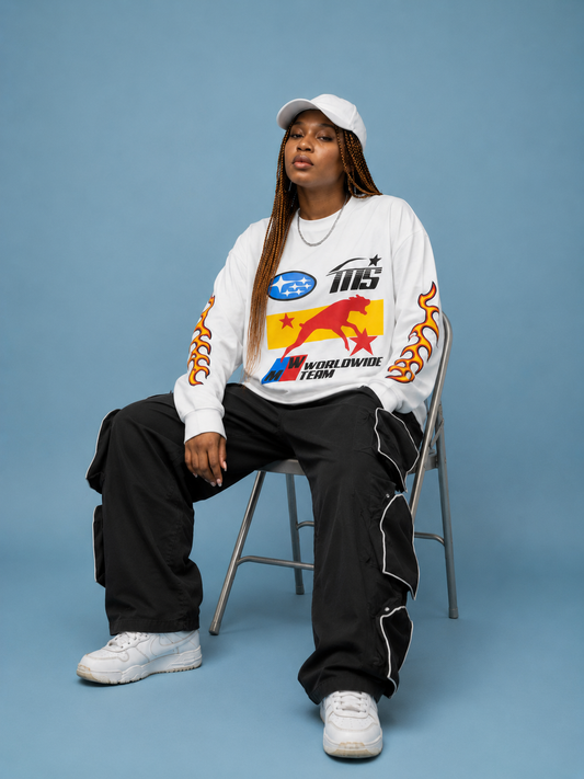 Women's White Long Sleeve T-Shirt with Flame Print | Trendzila