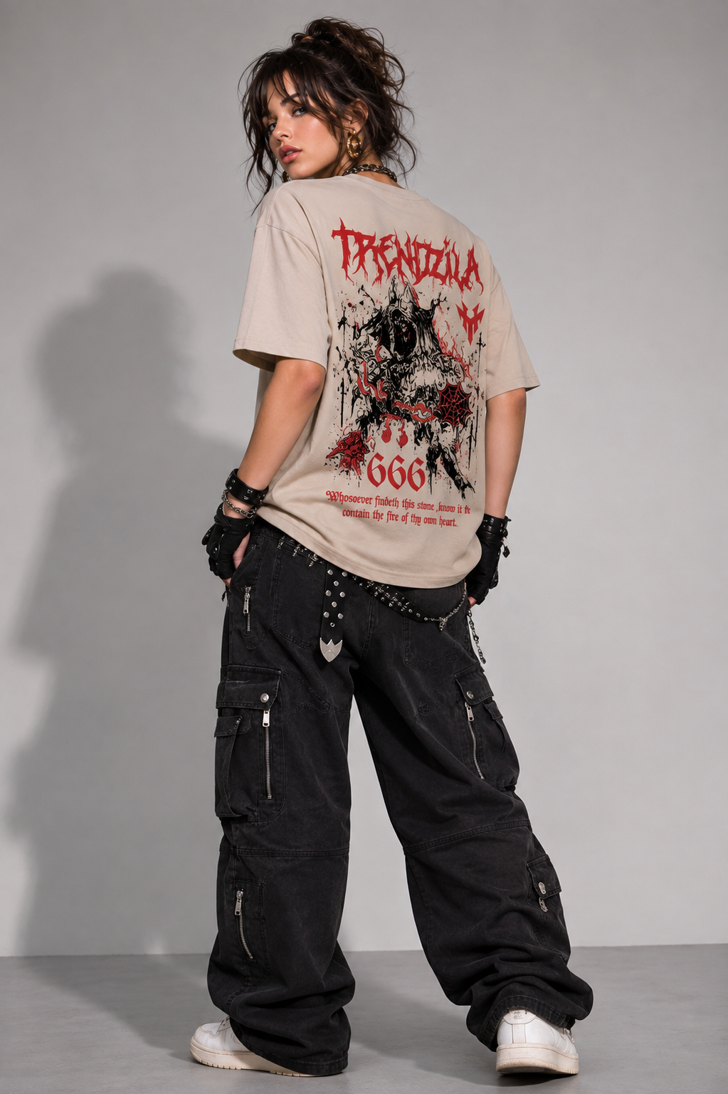 Trendzila 666 Gothic Graphic Oversized T-Shirt – Women's Beige Streetwear Tee