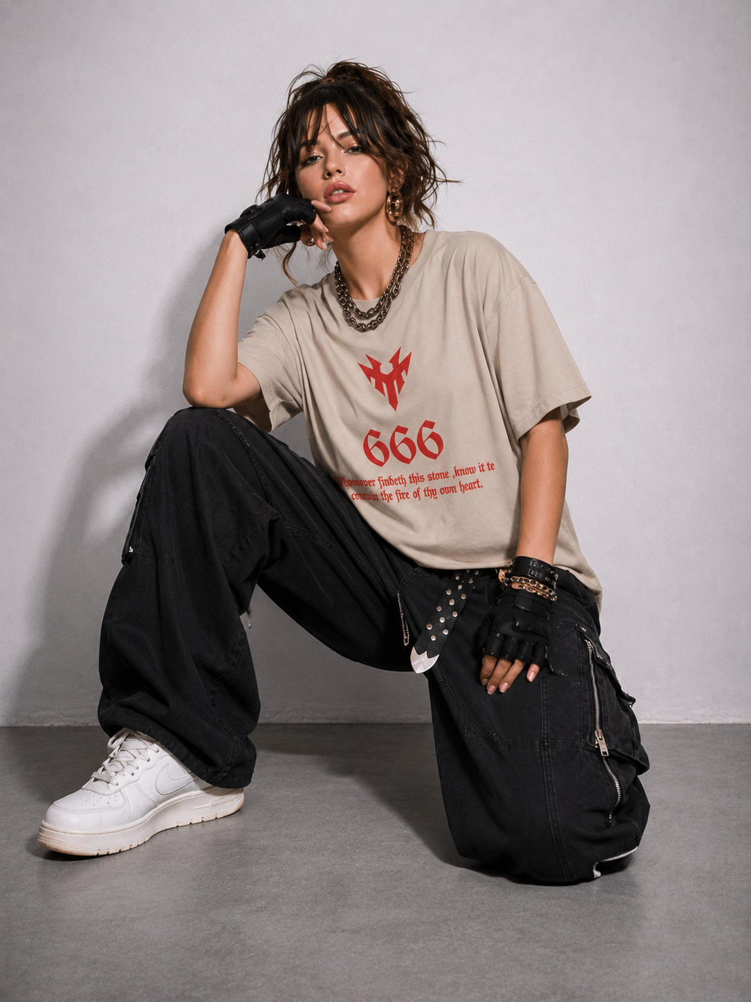 Trendzila 666 Gothic Graphic Oversized T-Shirt – Women's Beige Streetwear Tee