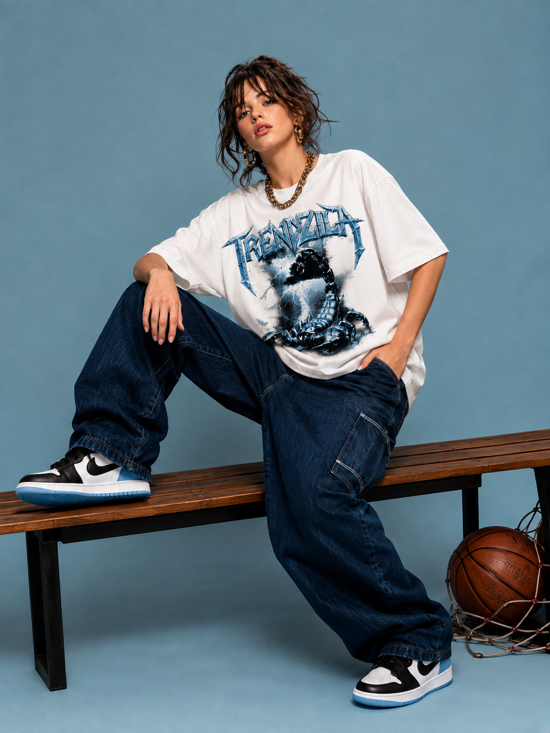 Women Scorpion Graphic Oversized T-Shirt – White Metal Print Tee