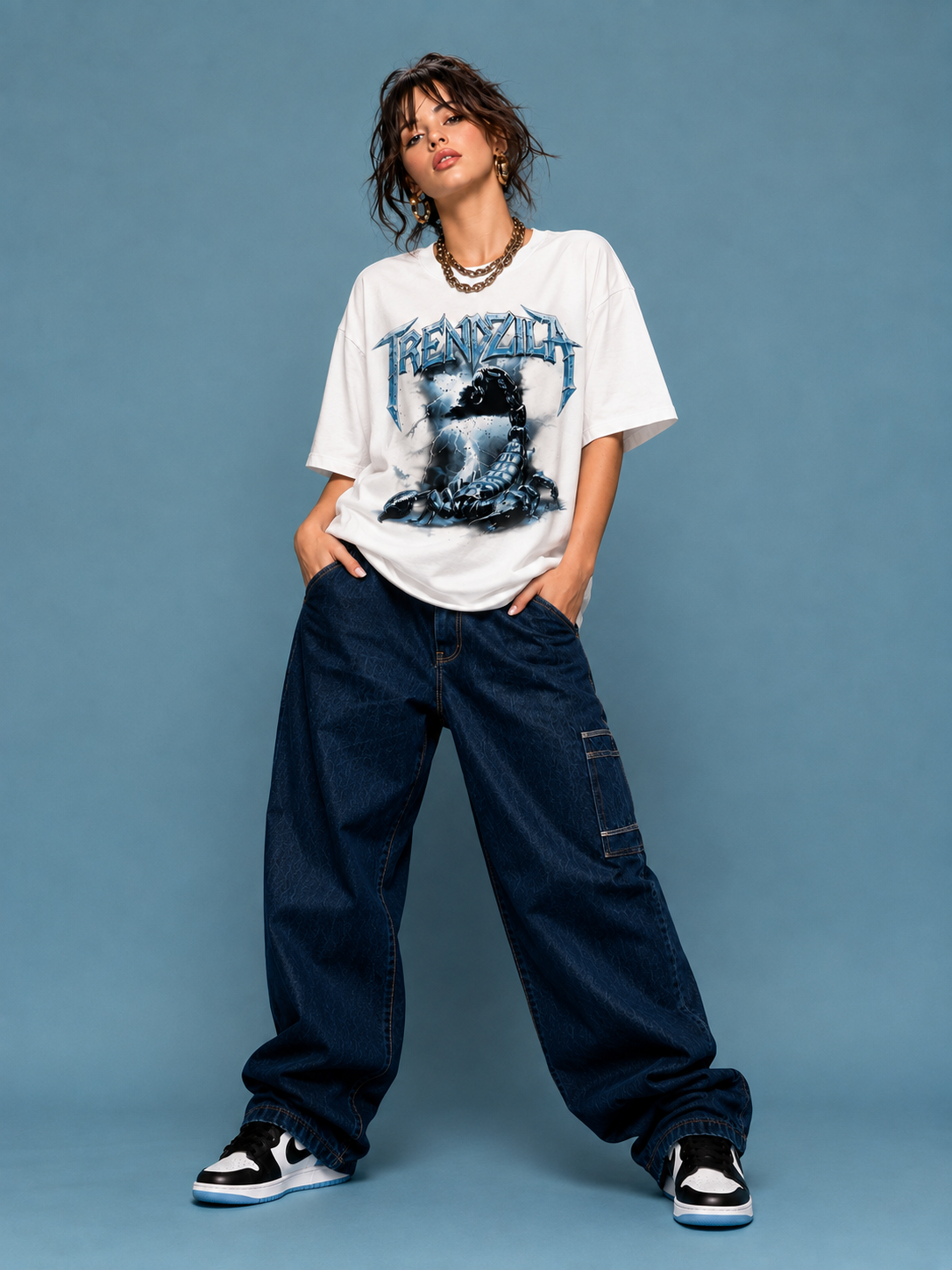 Women Scorpion Graphic Oversized T-Shirt – White Metal Print Tee