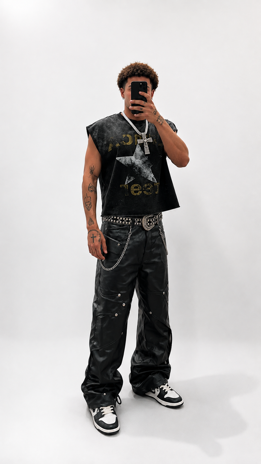 Black Faux Leather Studded Cargo Pants | Trendzila
