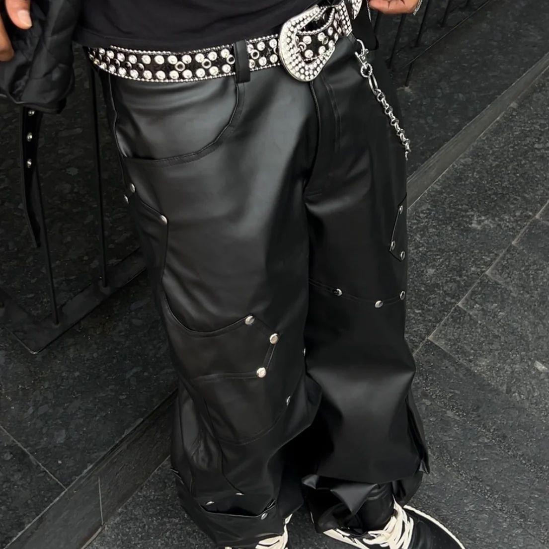 Noir Rivet Baggy Faux Leather Pants