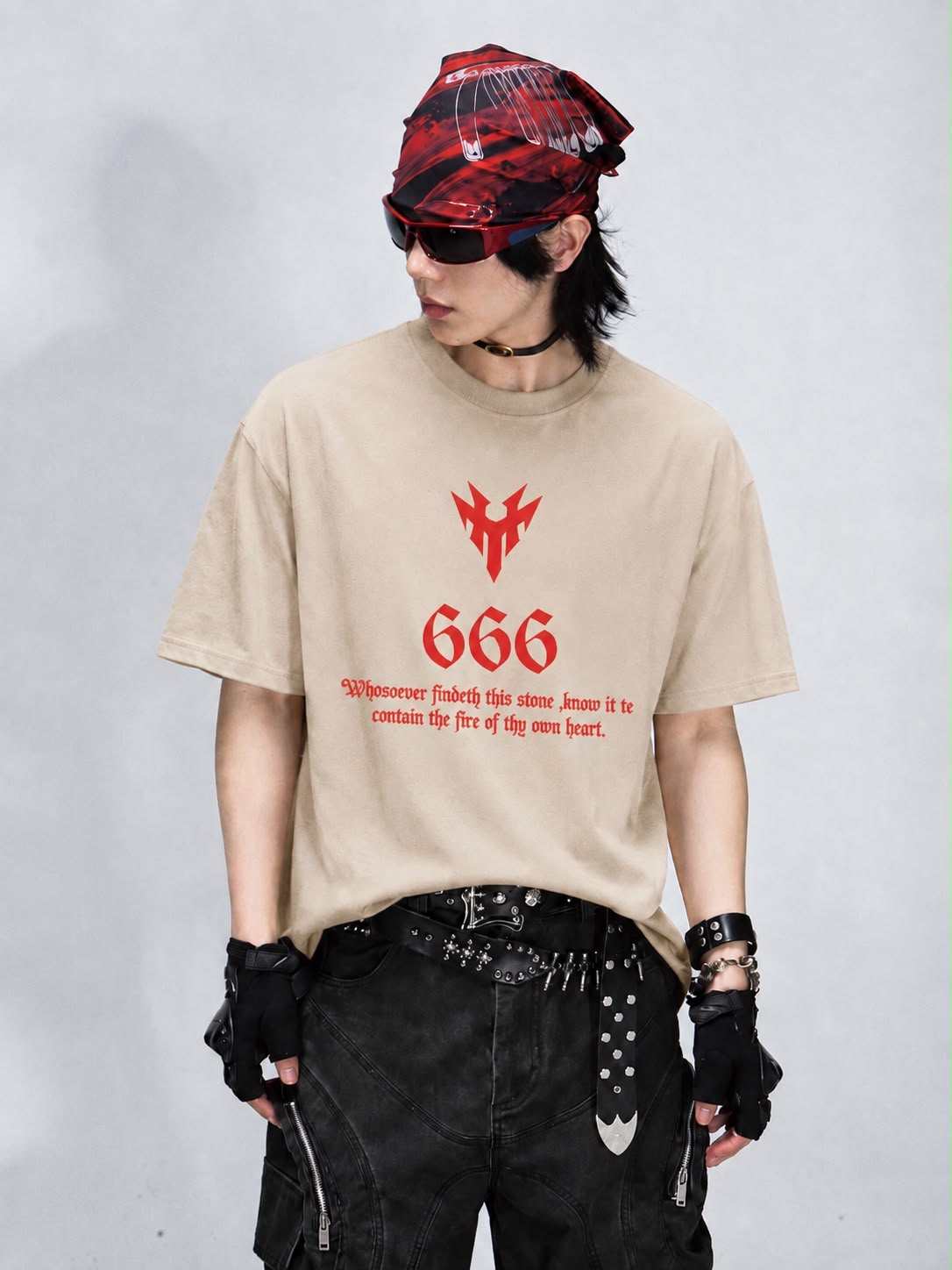 Beige Oversized Gothic Graphic T-Shirt | Trendzila