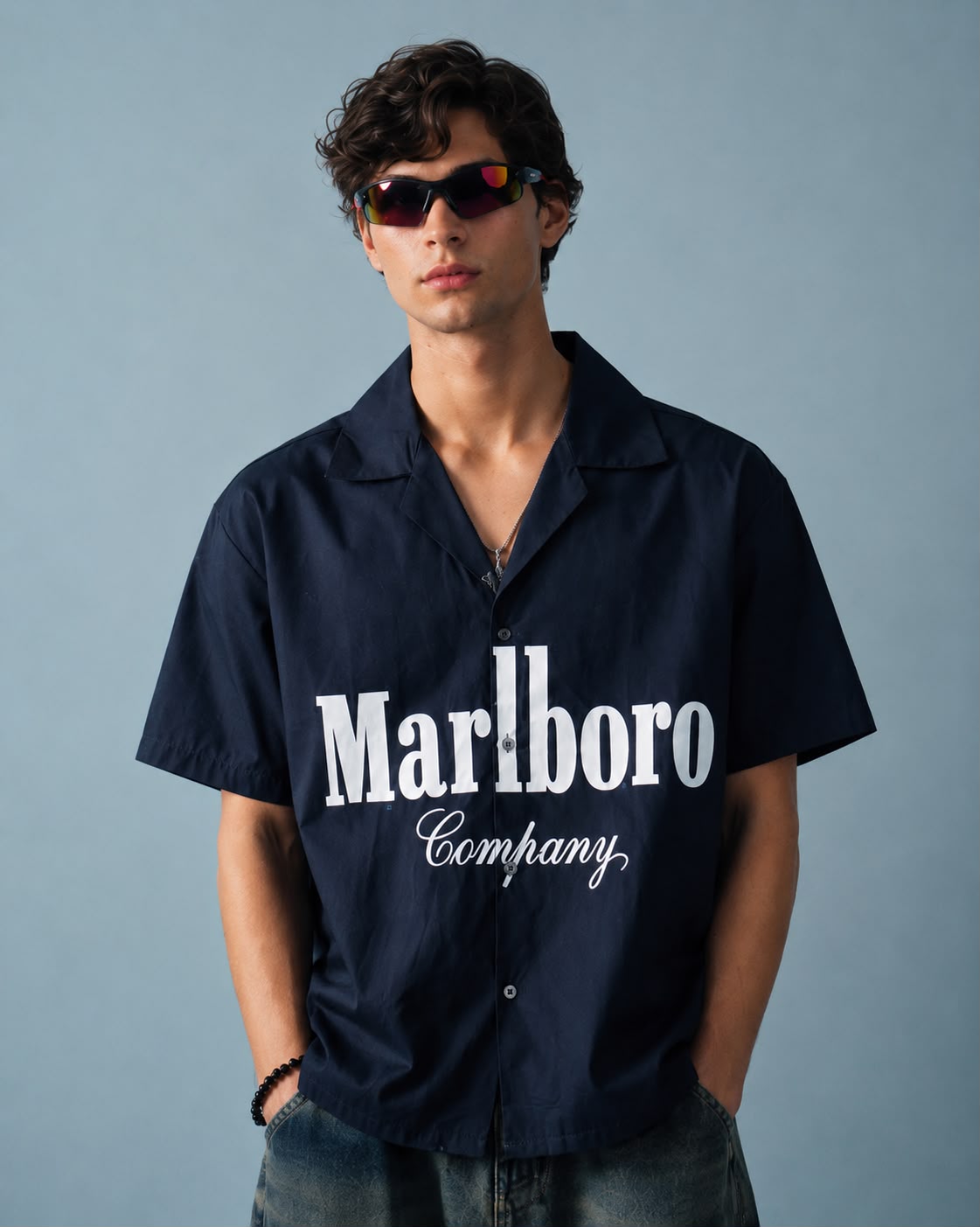 Trendzila Vintage Logo Print Camp Collar Shirt – Navy Short Sleeve Shirt