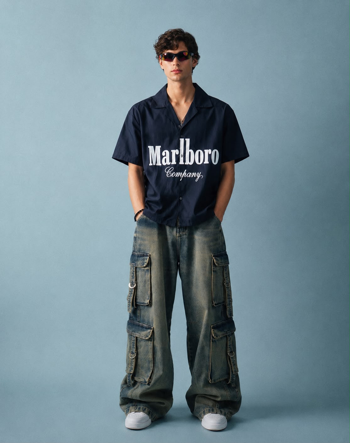 Trendzila Vintage Logo Print Camp Collar Shirt – Navy Short Sleeve Shirt