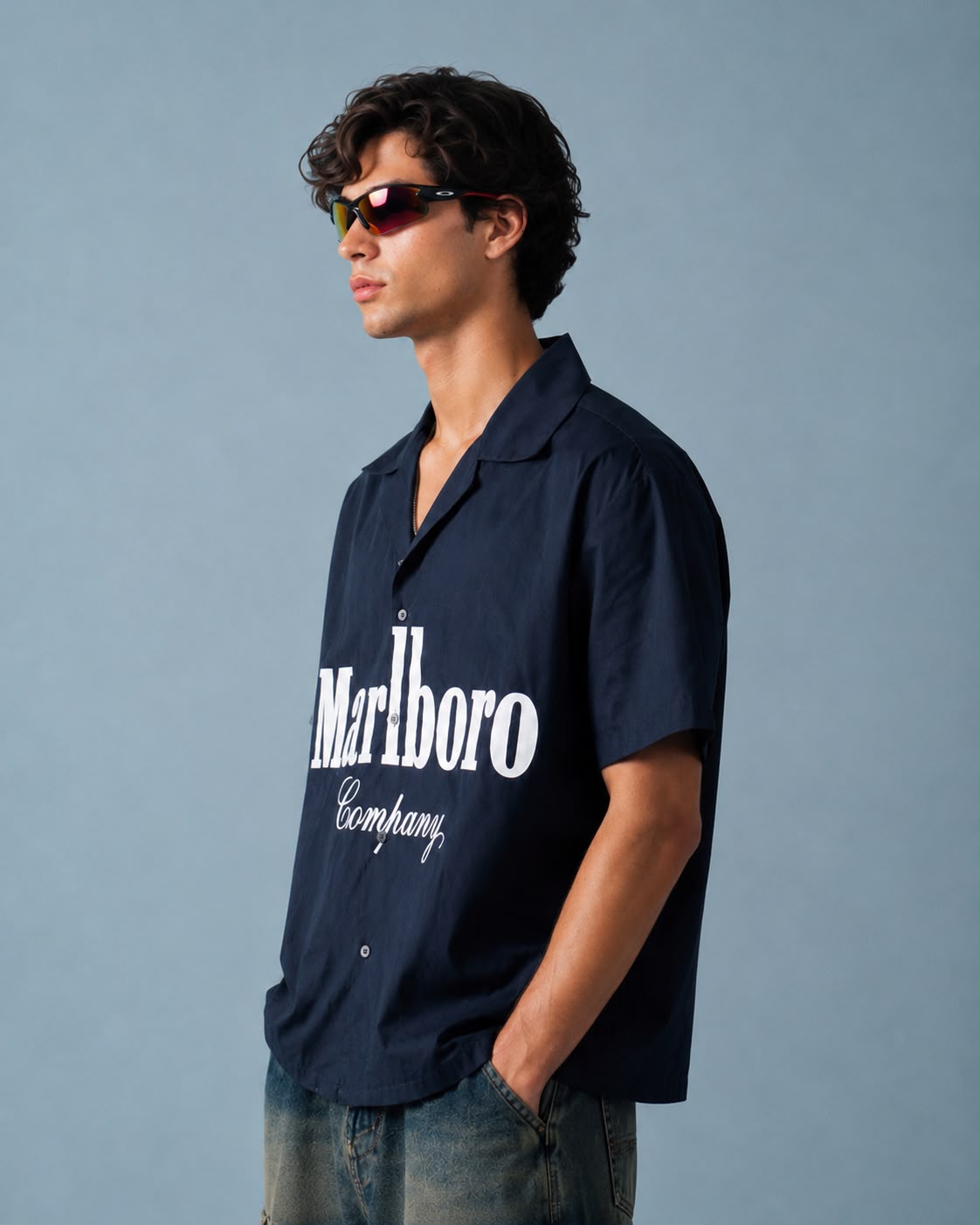 Trendzila Vintage Logo Print Camp Collar Shirt – Navy Short Sleeve Shirt