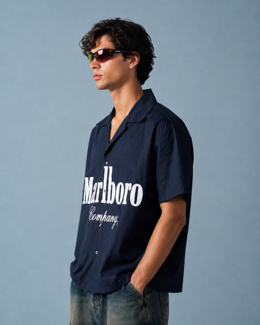 Trendzila Vintage Logo Print Camp Collar Shirt – Navy Short Sleeve Shirt