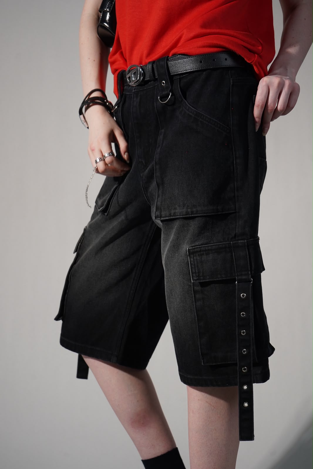 Trendzila Strap Detail Cargo Denim Shorts – Black Multi-Pocket Shorts