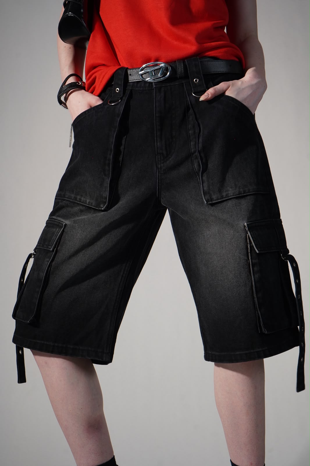 Trendzila Strap Detail Cargo Denim Shorts – Black Multi-Pocket Shorts