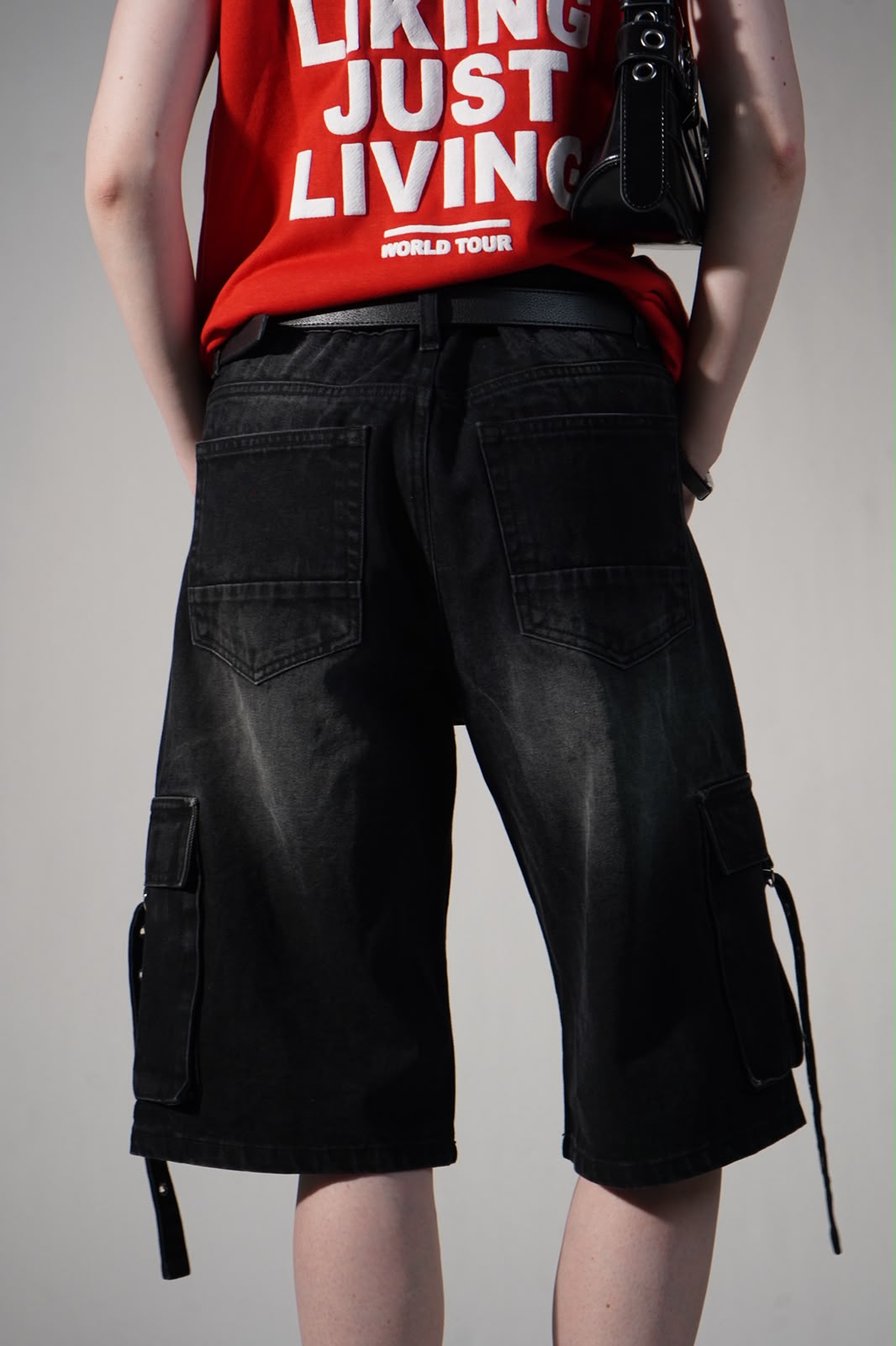 Trendzila Strap Detail Cargo Denim Shorts – Black Multi-Pocket Shorts