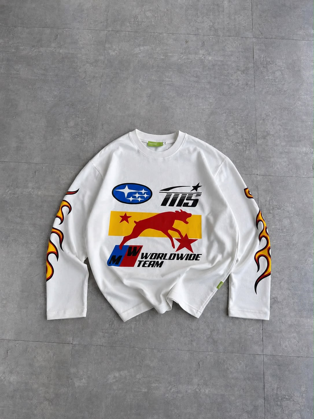 Trendzila Racing Flame Graphic Long Sleeve T-Shirt – White Oversized Tee
