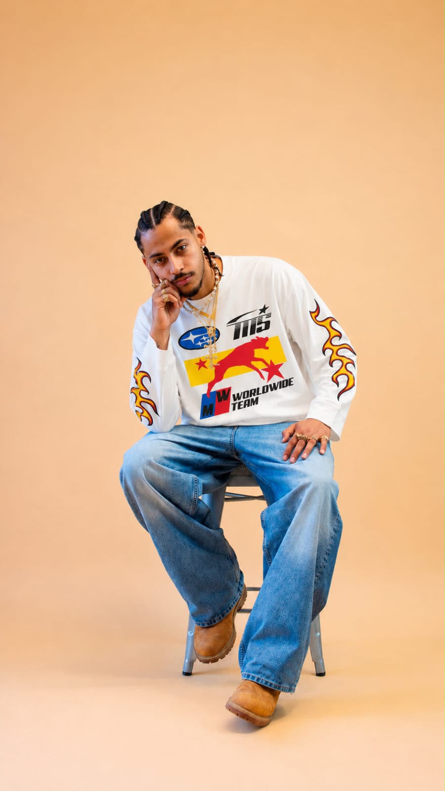 Trendzila Racing Flame Graphic Long Sleeve T-Shirt – White Oversized Tee