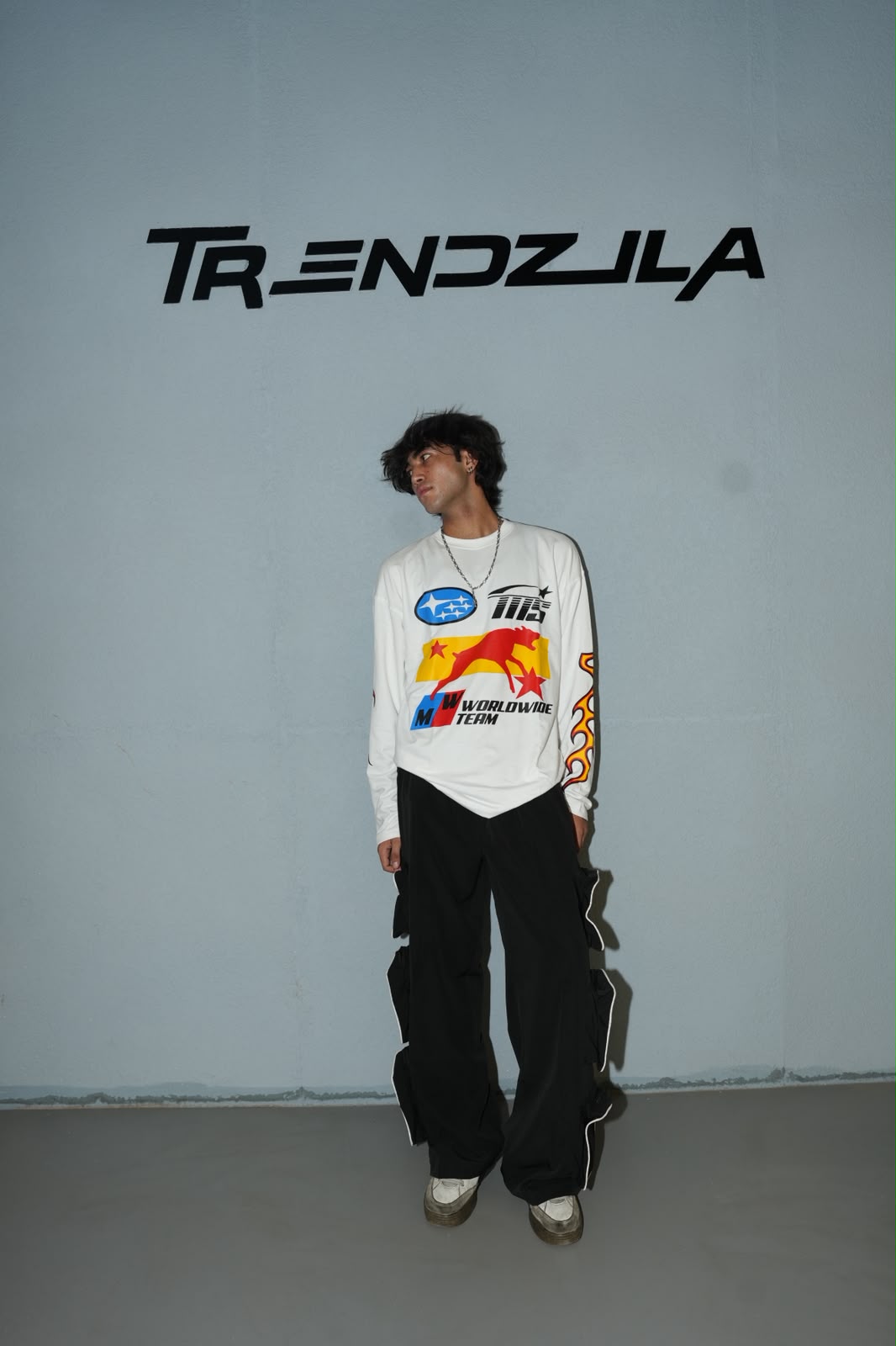 Trendzila Racing Flame Graphic Long Sleeve T-Shirt – White Oversized Tee