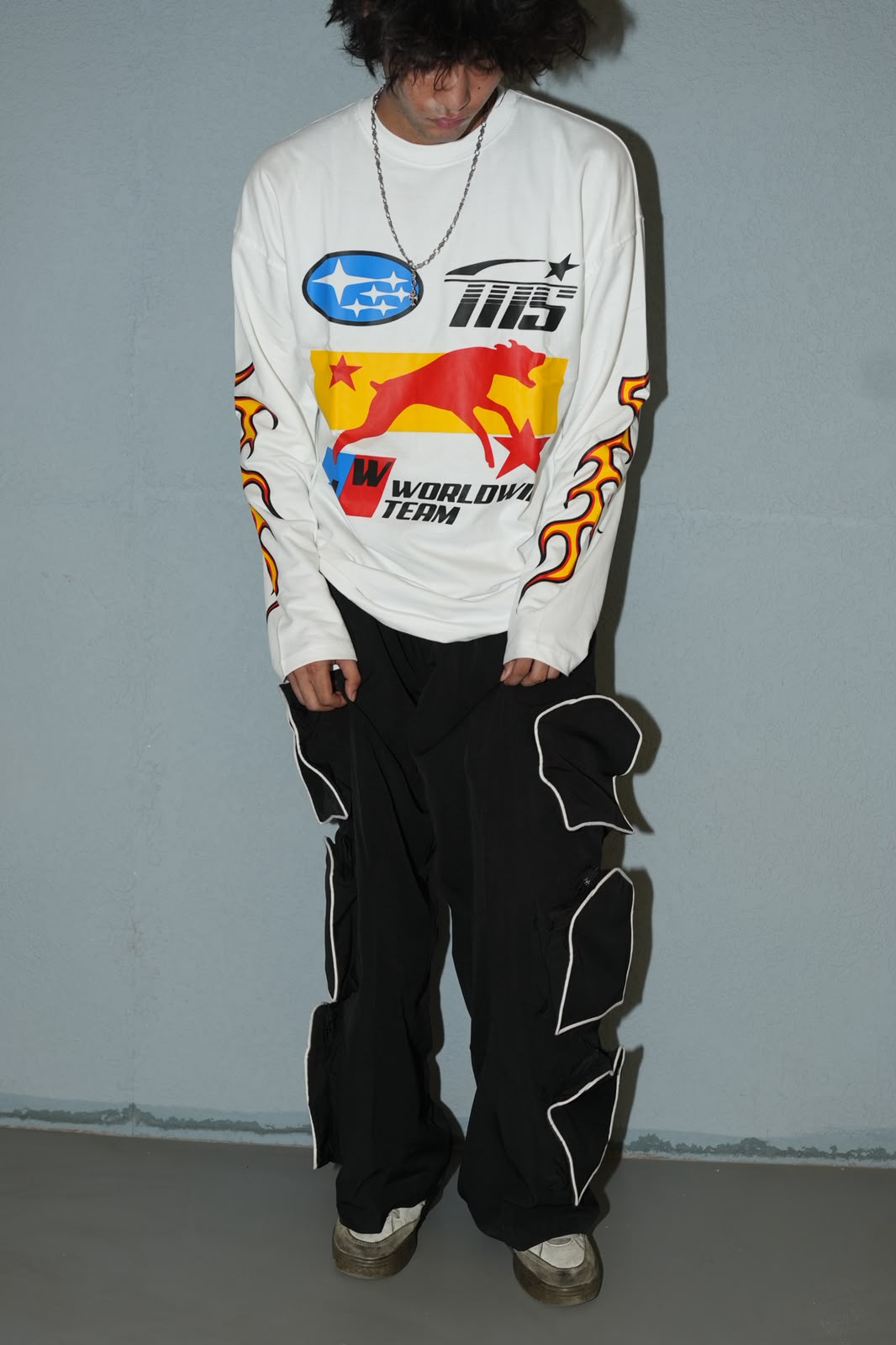 Trendzila Racing Flame Graphic Long Sleeve T-Shirt – White Oversized Tee