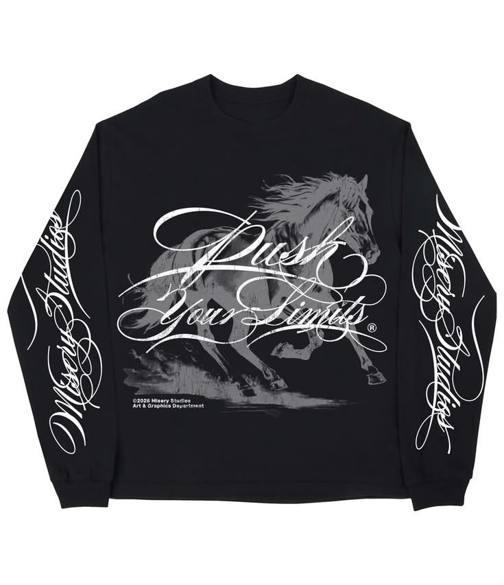 Black Waffle Knit Long Sleeve T-Shirt with Horse Print | Trendzila