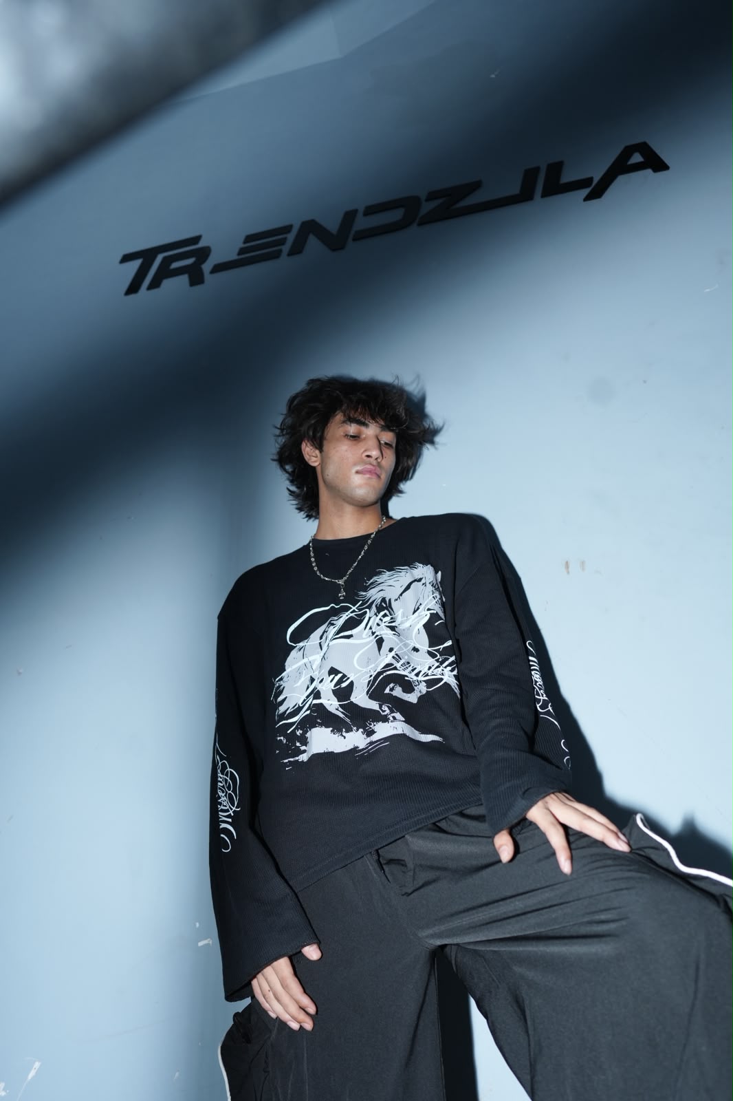Black Waffle Knit Long Sleeve T-Shirt with Horse Print | Trendzila