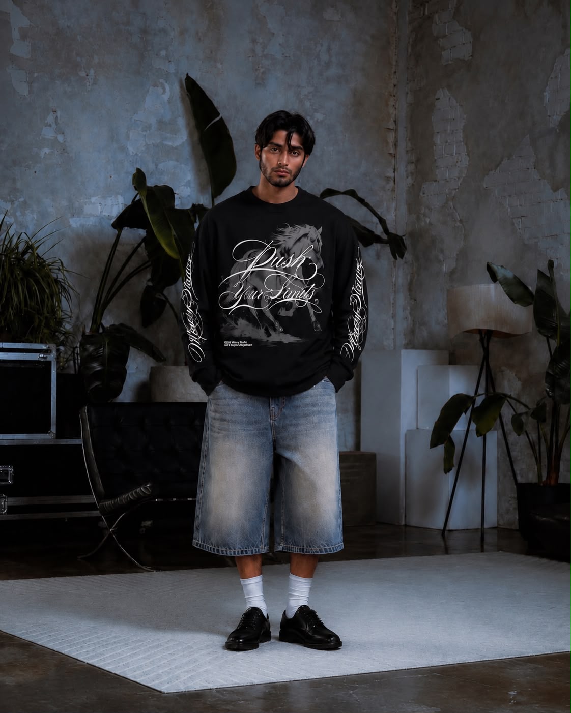 Black Waffle Knit Long Sleeve T-Shirt with Horse Print | Trendzila
