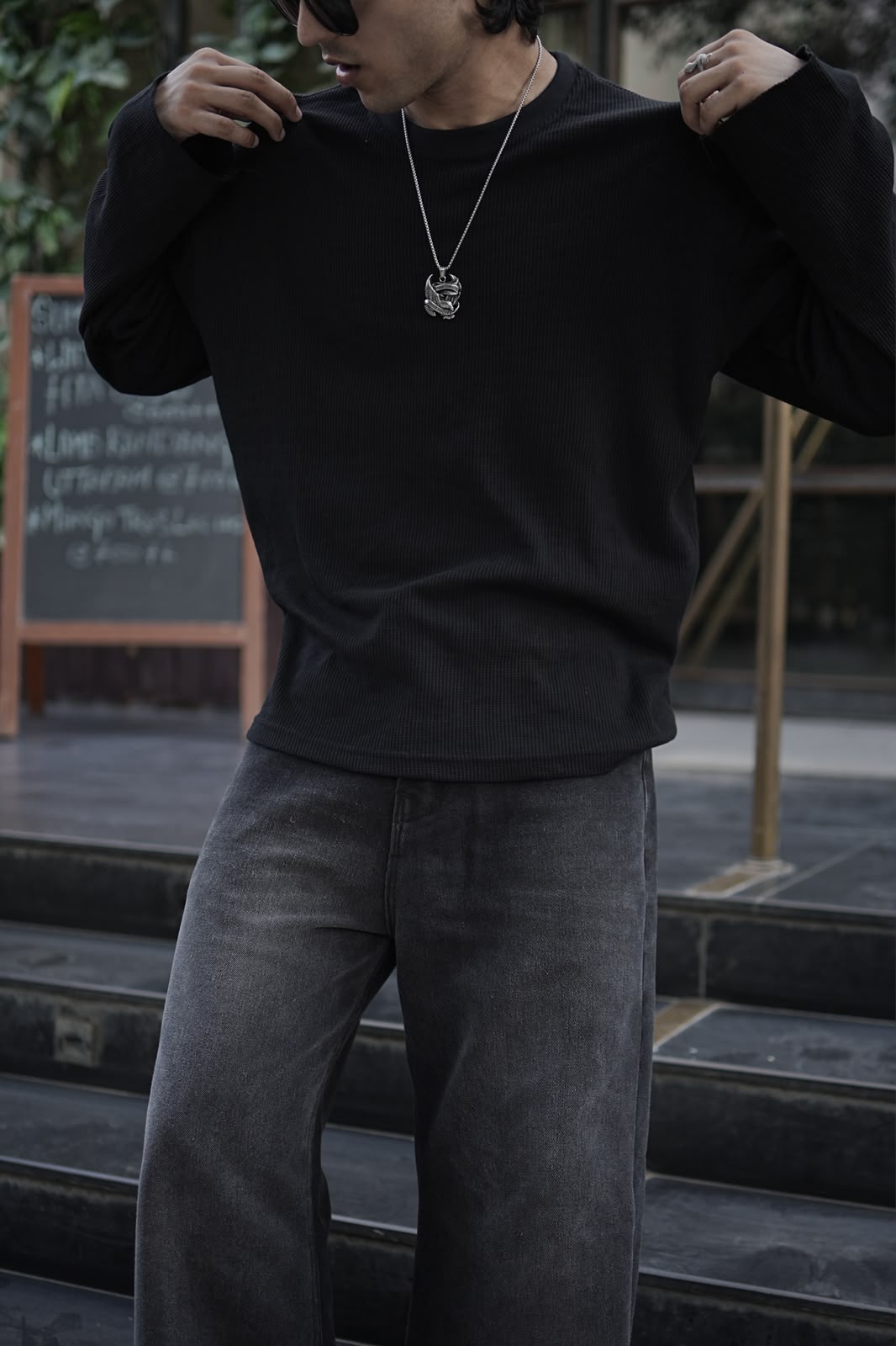 Name - plain black waffle T-shirt